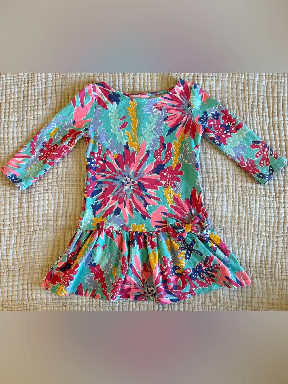 Lilly Pulitzer Teal Floral Long-Sleeve Ruffle Hem Dress